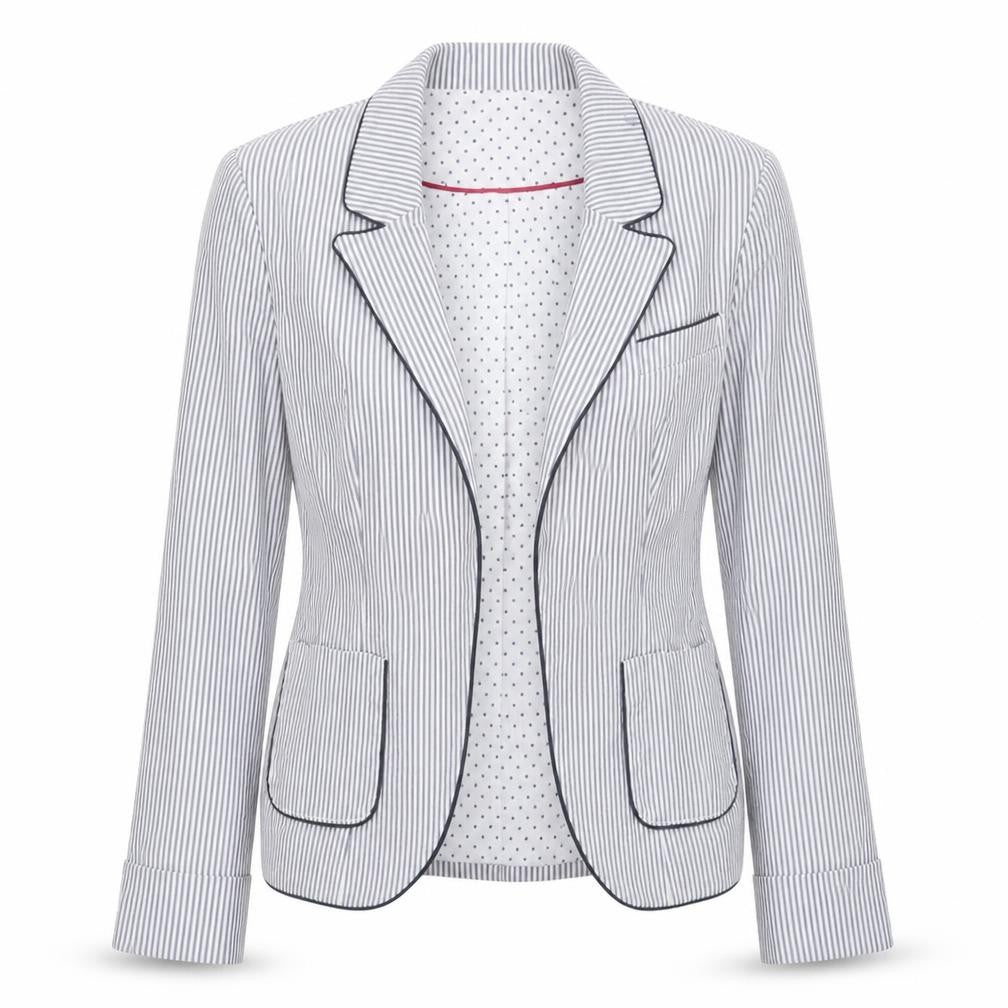 Front view of Atmosphere women’s blue striped jacket blazer, size UK 6