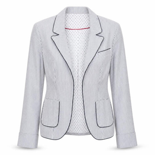 Front view of Atmosphere women’s blue striped jacket blazer, size UK 6