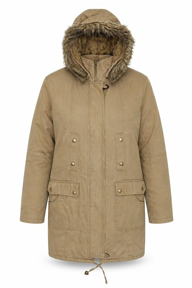Front view of Linea women’s beige parka coat, size UK 14