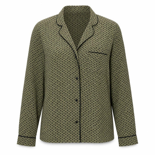 Front view of Marks & Spencer women’s green floral basic button-up, size UK 10