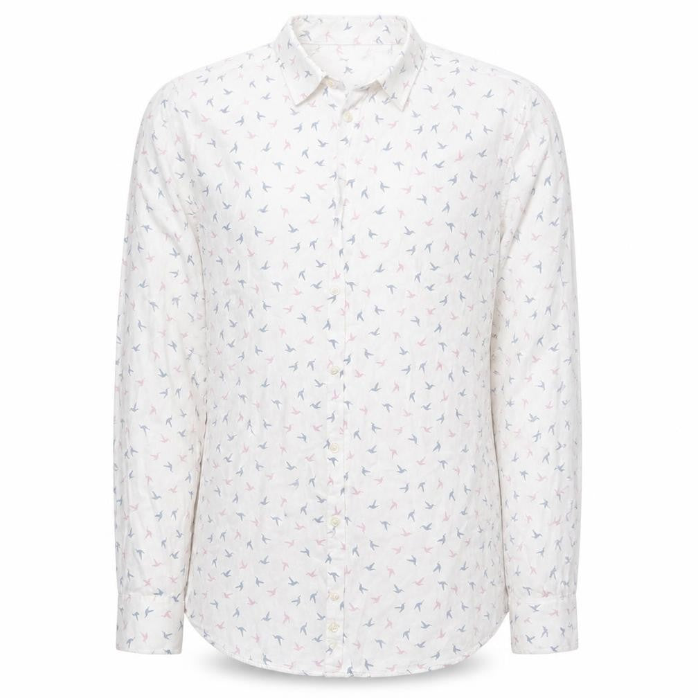 Front view of Marks & Spencer men’s white button-up, size S, - pink and blue bird print