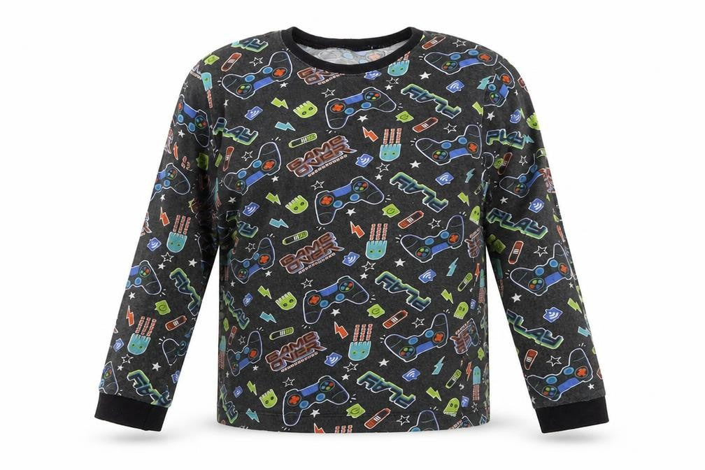 B&M Boys Black Geometric   Pyjama Top Size 11-12 Years  - Gaming Controllers Pac Man Game Over