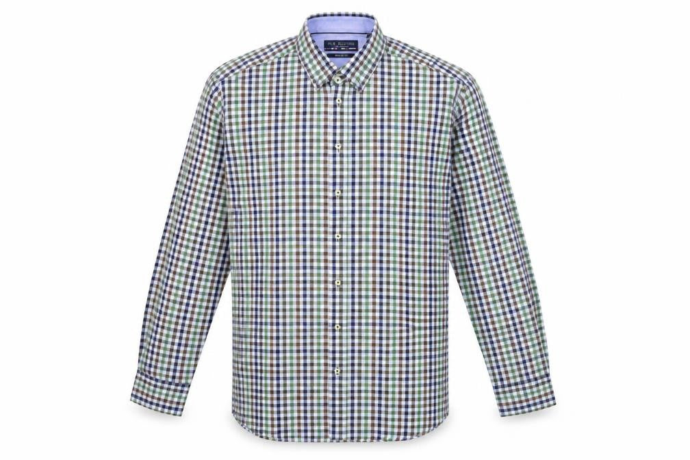 Front view of R B BOSTON men’s blue check button-up, size XL