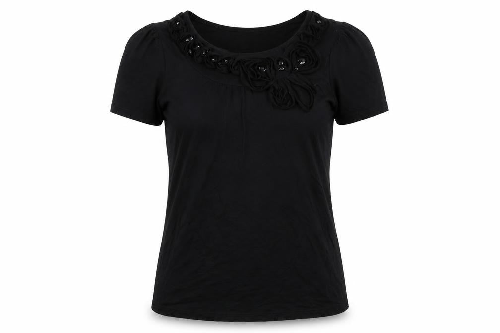 Front view of VILLA women’s black basic t-shirt, size M