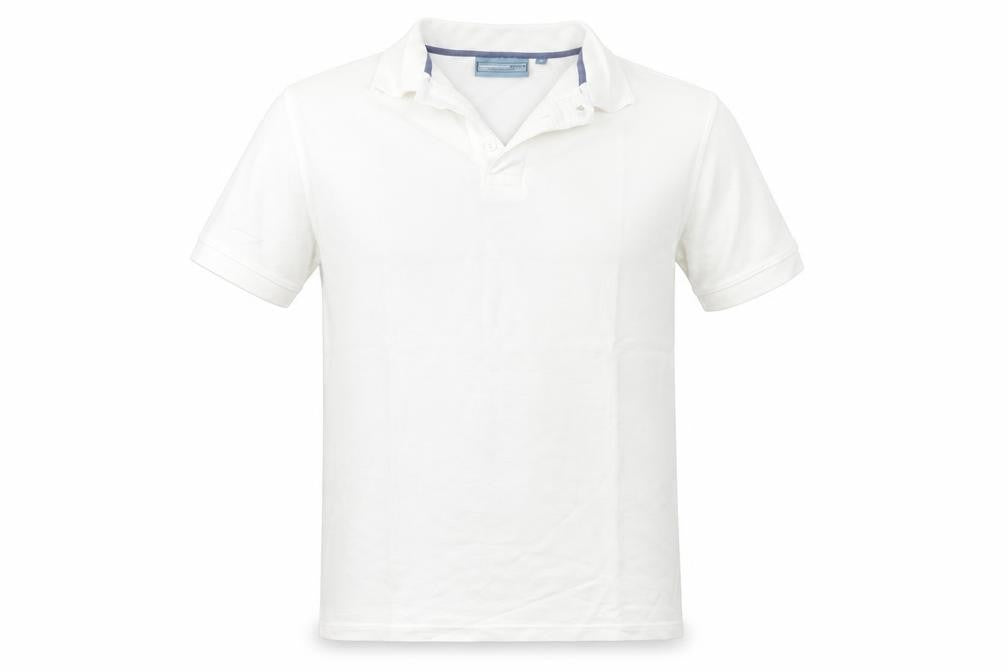 Front view of Greenwoods men’s white polo, size M