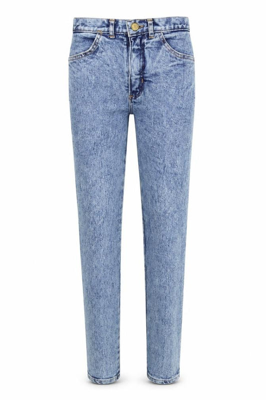 Front view of women’s blue denim skinny jeans, size UK 26, in, 26-inch leg