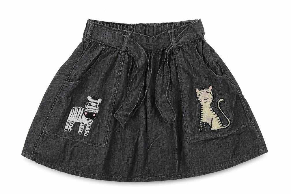 Front view of Next girls’ grey denim flare skirt, size 2-3, years