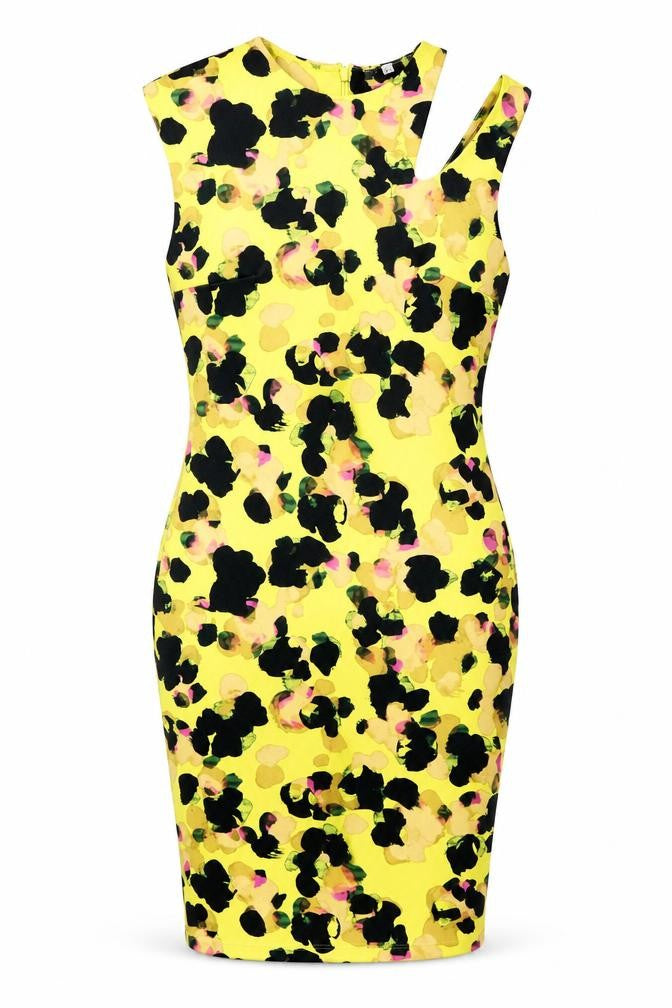 Front view of women’s multicoloured geometric bodycon, size UK 10