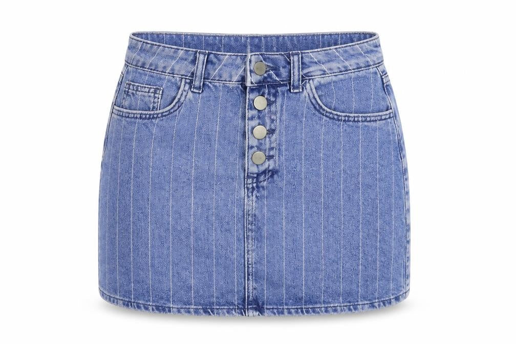 Front view of Denim & Co. women’s blue denim mini skirt, size UK 8
