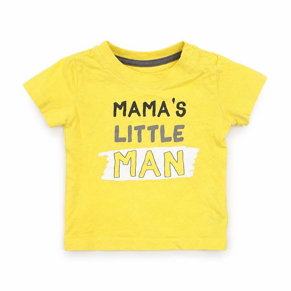 Front view of Primark Baby Yellow Basic T-Shirt, size 0-3, Months - little man
