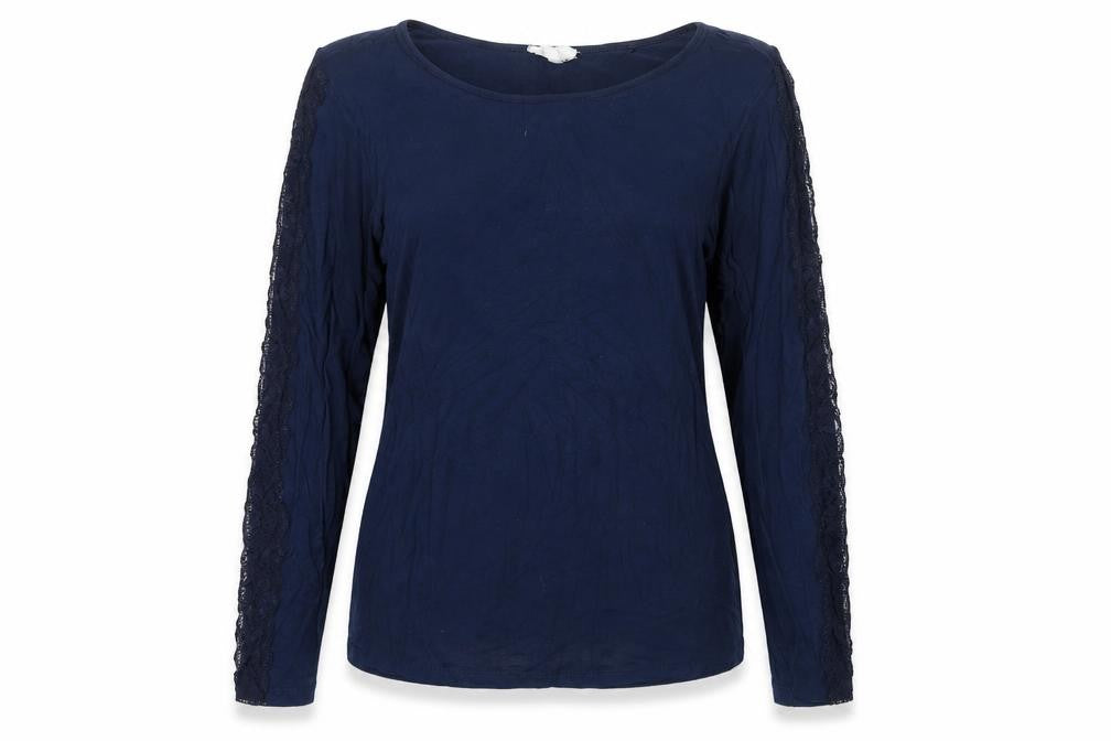 Front view of Next women’s blue basic t-shirt, size L, - lace sleeve detail