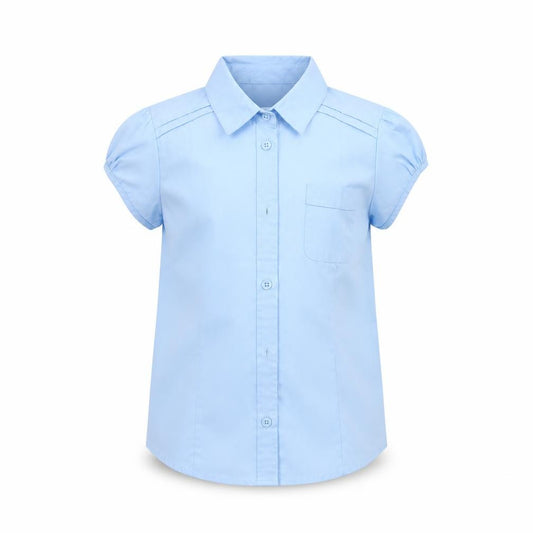 Front view of Next girls’ blue basic button-up, size 9, years - school