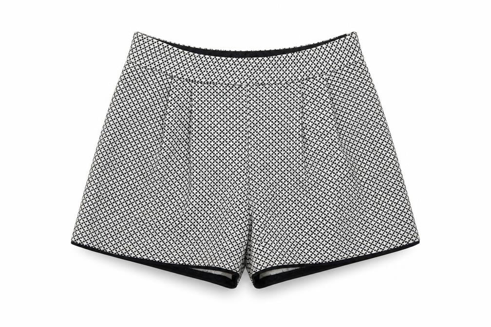 Front view of Miss Selfridge women’s black geometric hot pants shorts, size UK 8