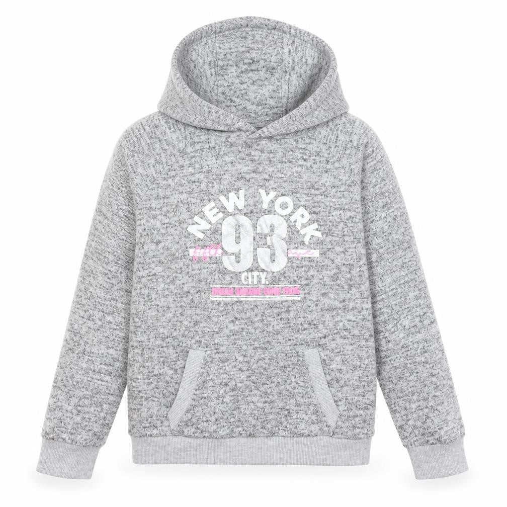 Front view of Miss E-vie girls’ grey pullover hoodie, size 9-10, years