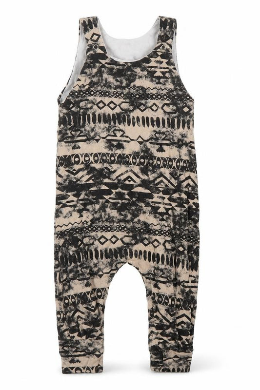 Front view of Ginikins girls’ brown geometric dungaree one-piece, size 12, months