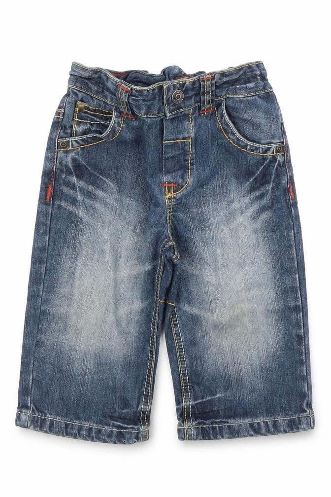 Front view of Next boys’ blue denim capri jeans, size 9-12, months