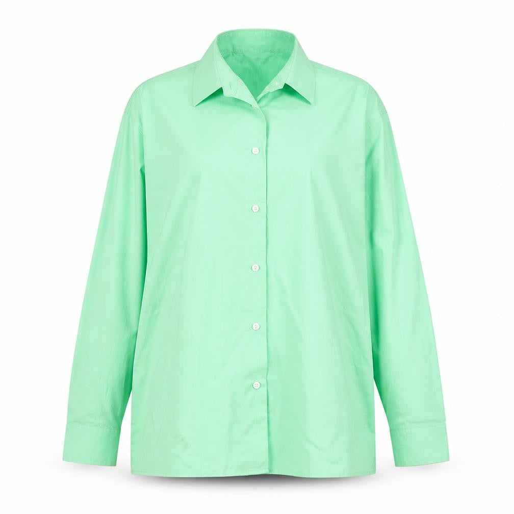 Front view of TruTex women’s green basic button-up, size M