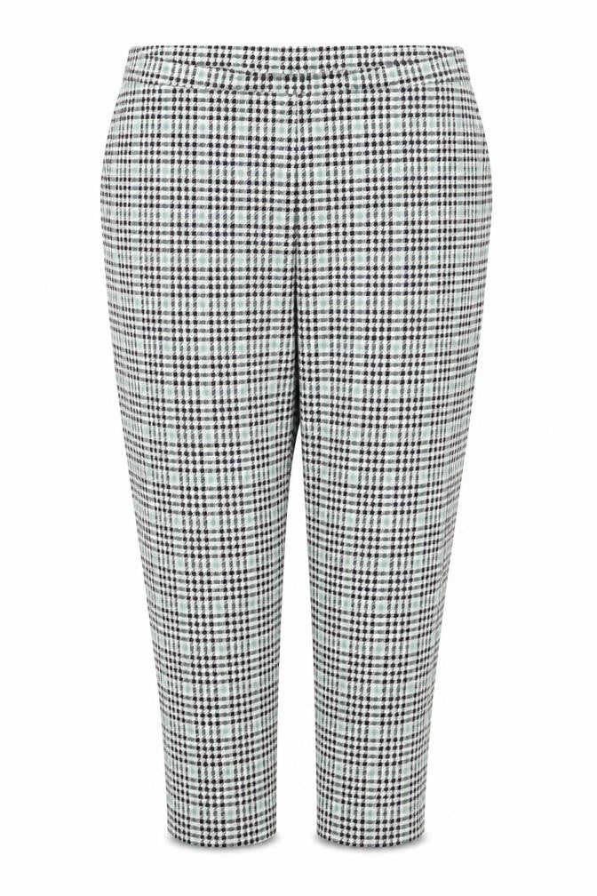 Front view of H&M women’s green houndstooth capri trousers, size L, 27-inch leg