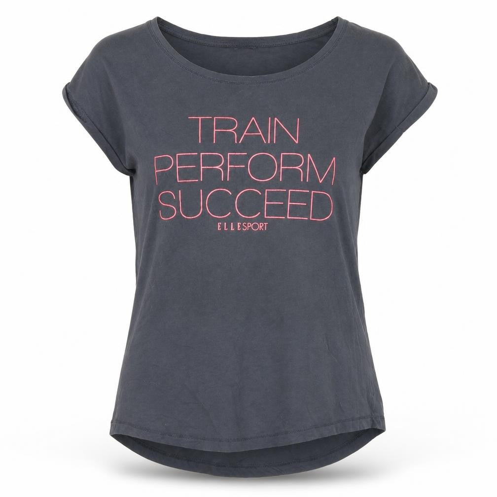 Front view of ELLE Sport women’s grey basic t-shirt, size UK 10