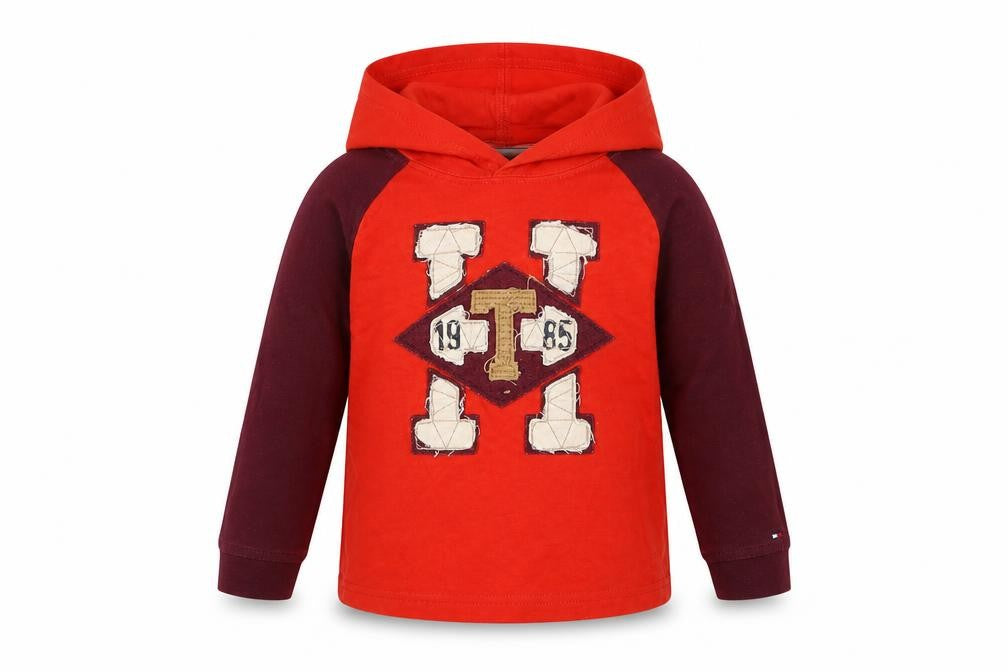 Front view of Preworn boys’ red pullover hoodie, size 3, years