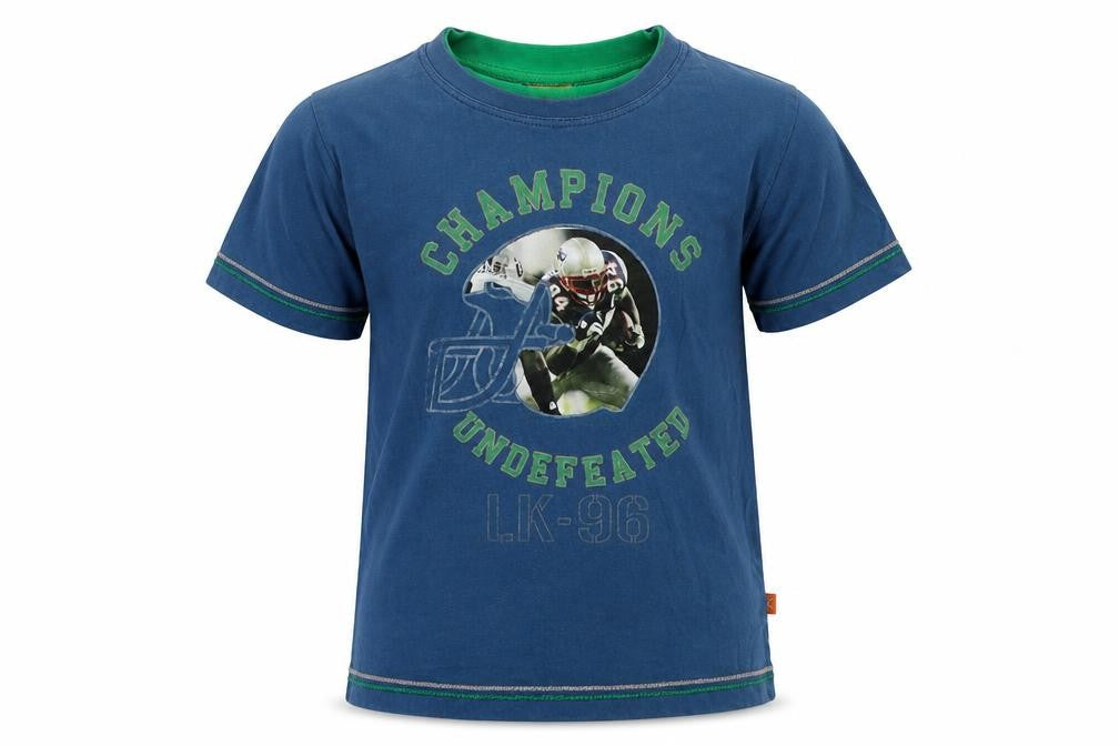 Front view of Little Kangaroos boys’ blue basic t-shirt, size 4, years