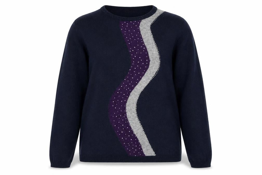 Front view of Hepburn women’s blue jumper, size M, - jems