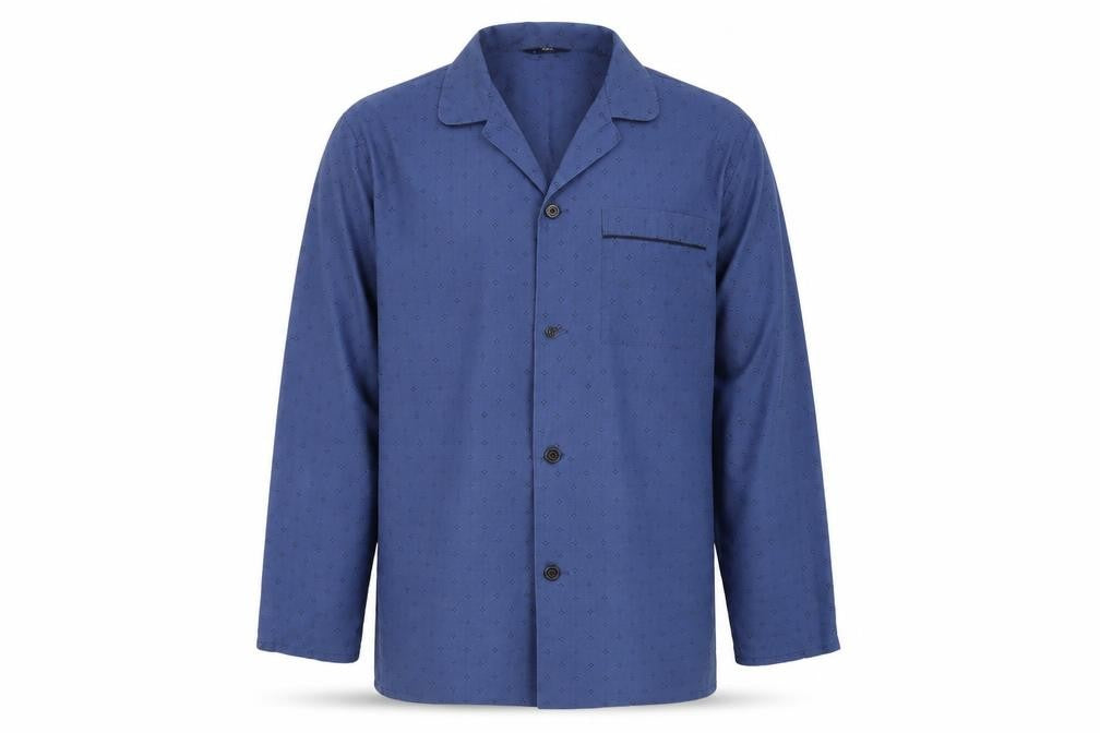 Front view of Marks & Spencer men’s blue geometric button-up, size M