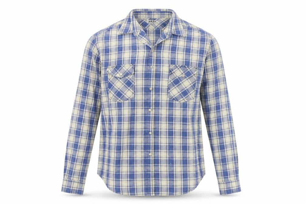 Front view of Moto Menswear men’s blue check button-up, size 14