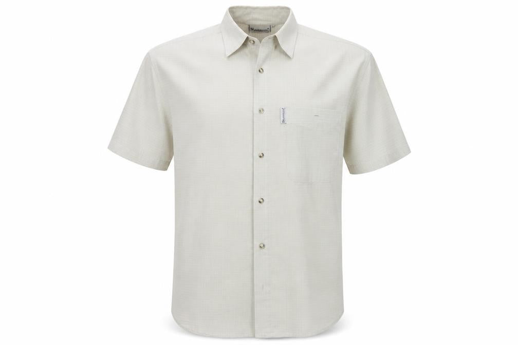 Front view of Outdoors scene men’s grey striped button-up, size L