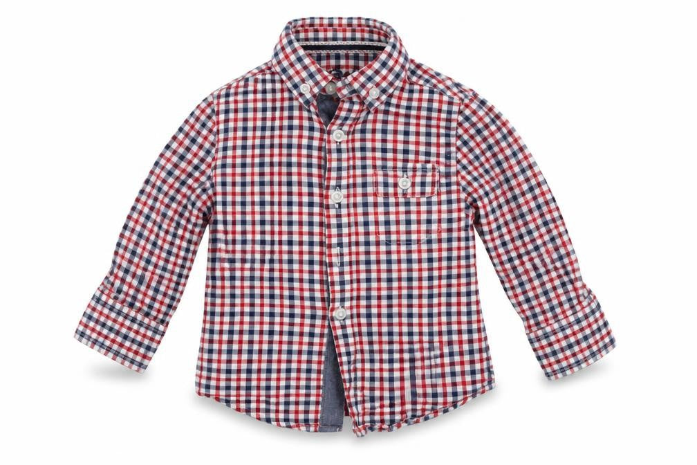 Front view of Primark boys’ red check basic button-up, size 12-18, months