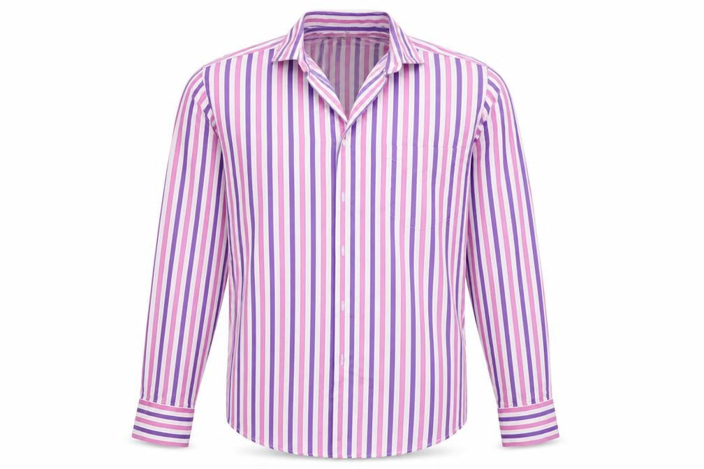 Front view of Oli men’s pink striped button-up, size 16