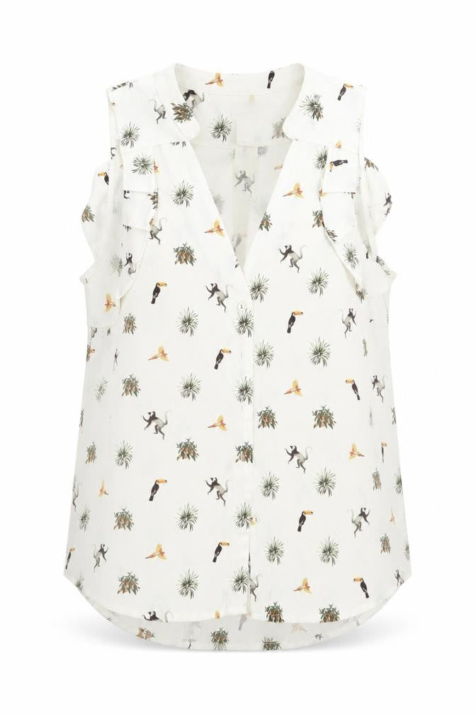 Front view of H&M< women’s ivory animal print basic button-up, size UK 6