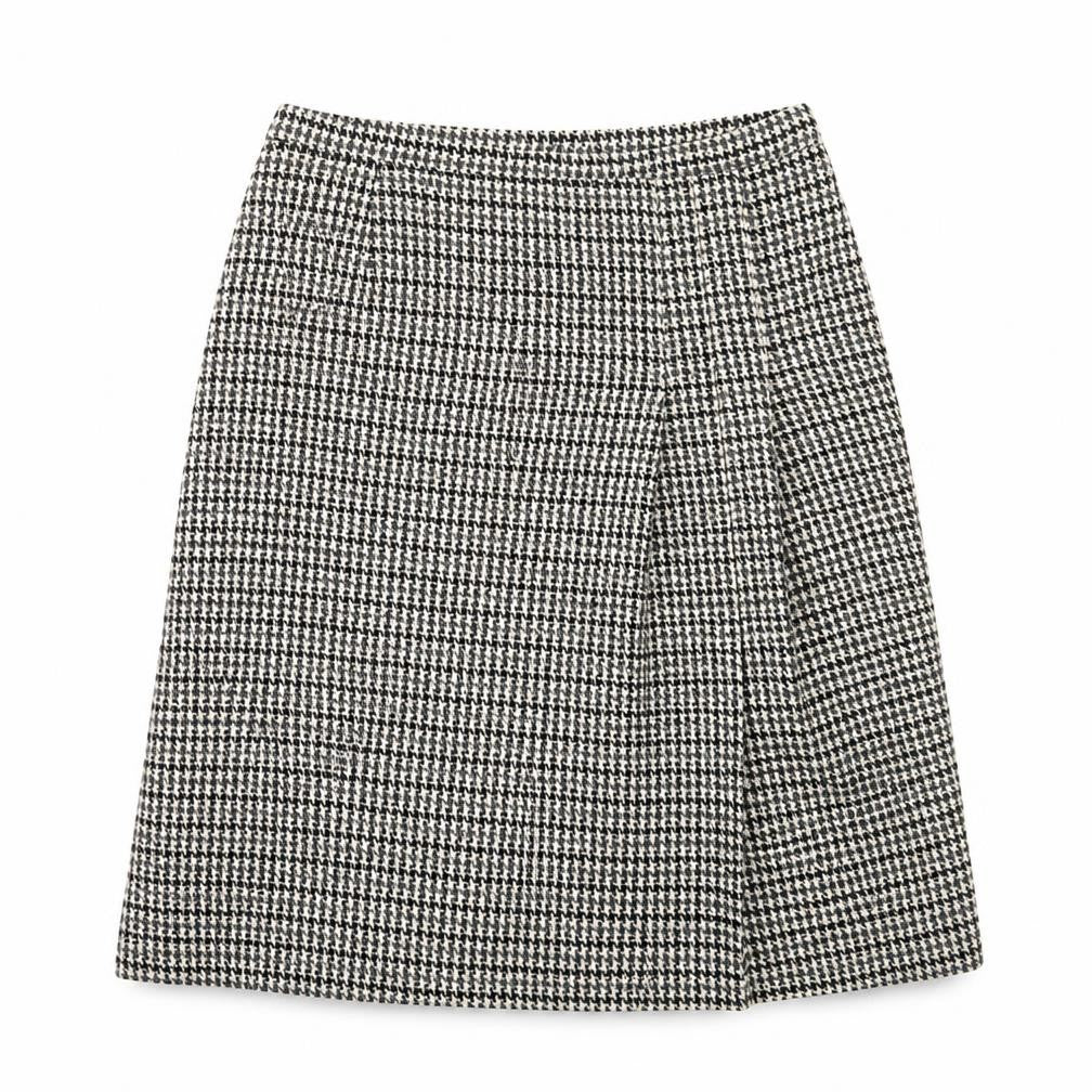 Front view of marjori women’s beige check a-line skirt, size UK 36