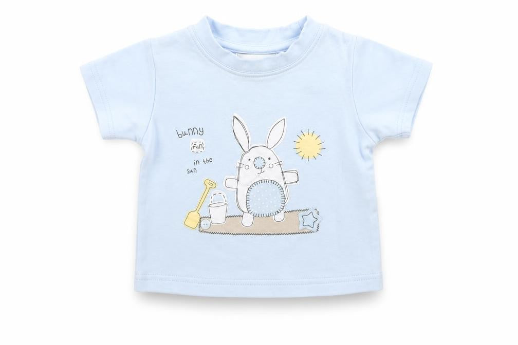 Front view of Early Days boys’ blue basic t-shirt, size 6-9, months