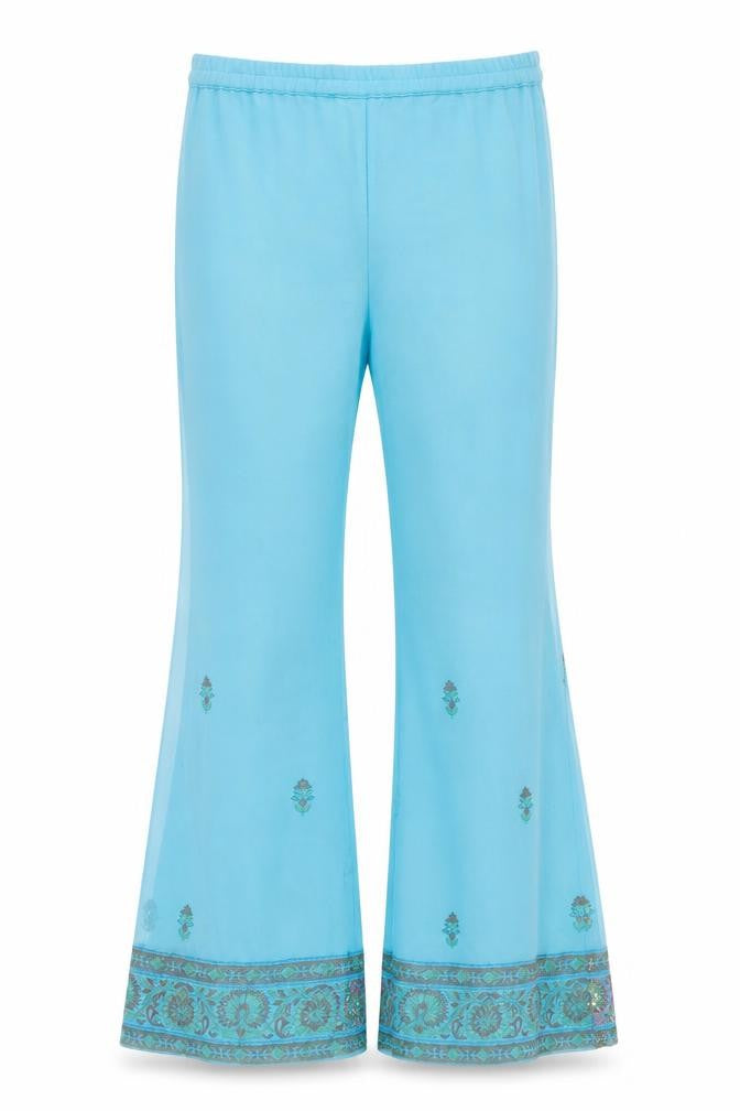 Front view of Preworn women’s blue trousers, size M, 27-inch leg