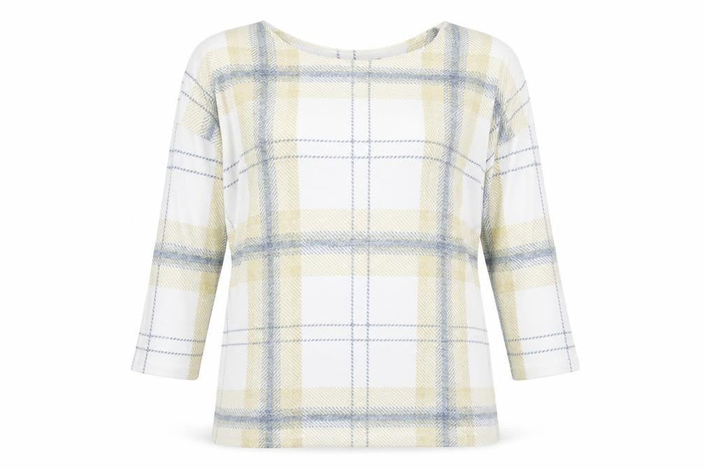 Front view of Bonmarché women’s multicoloured plaid jumper, size UK 14
