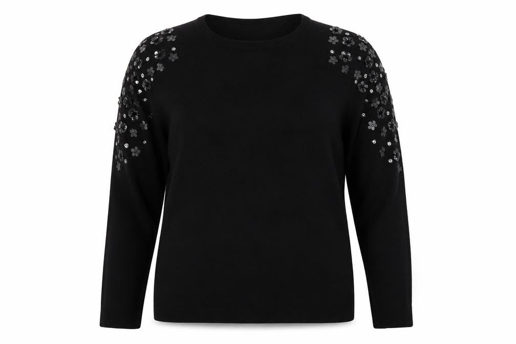 Front view of Belle vere note women’s black jumper, size UK 16