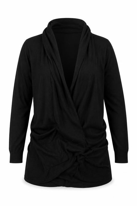 Front view of Preworn women’s black cardigan jumper, size UK 14