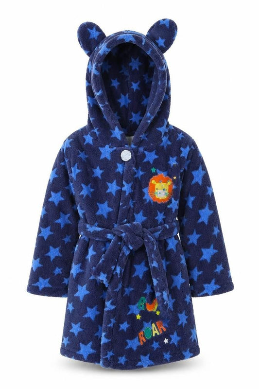Front view of Peacocks boys’ blue geometric babydoll robe, size 18-24, months