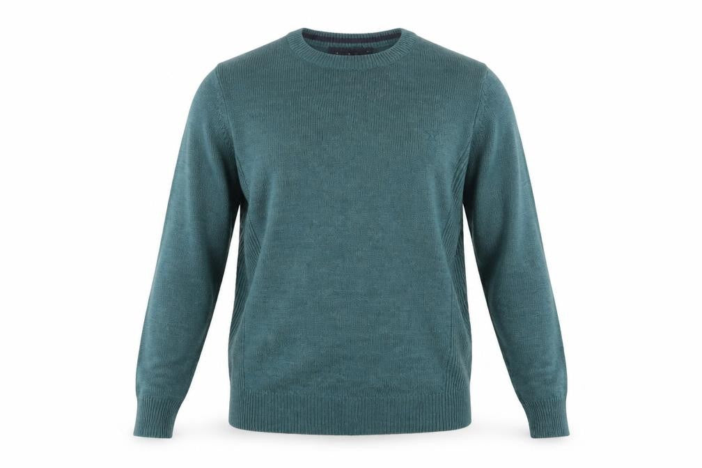 Front view of EWM men’s green knit jumper, size S
