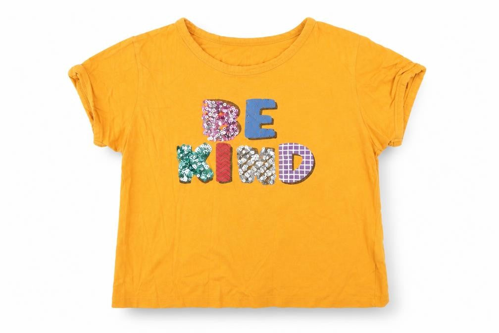 Front view of messy bun just chillin girls’ yellow basic t-shirt, size M