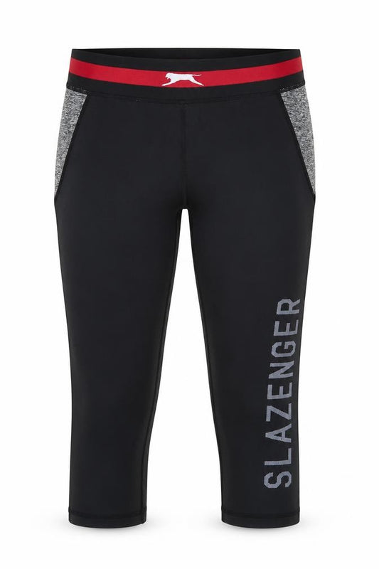 Front view of Slazenger women’s black compression leggings, size UK 12, 21-inch leg