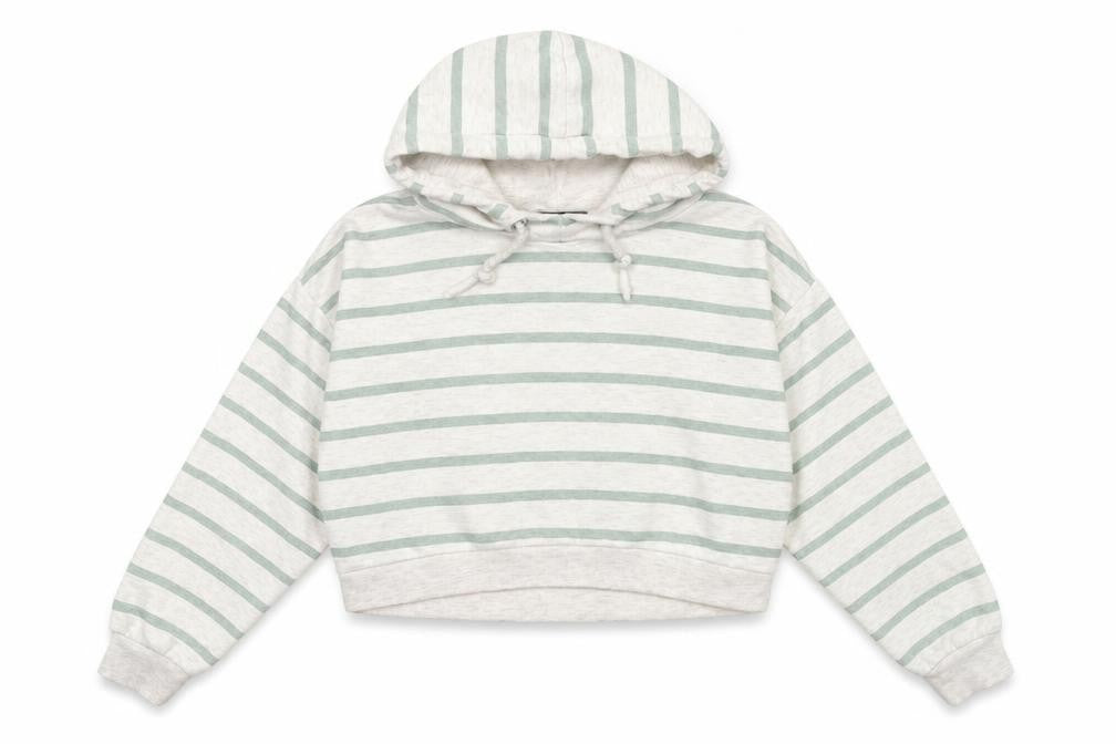 Front view of Primark women’s beige striped pullover sweatshirt, size UK 8