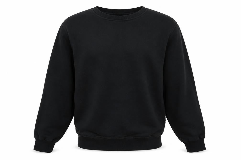 Front view of NOVOCO men’s black pullover sweatshirt, size XS