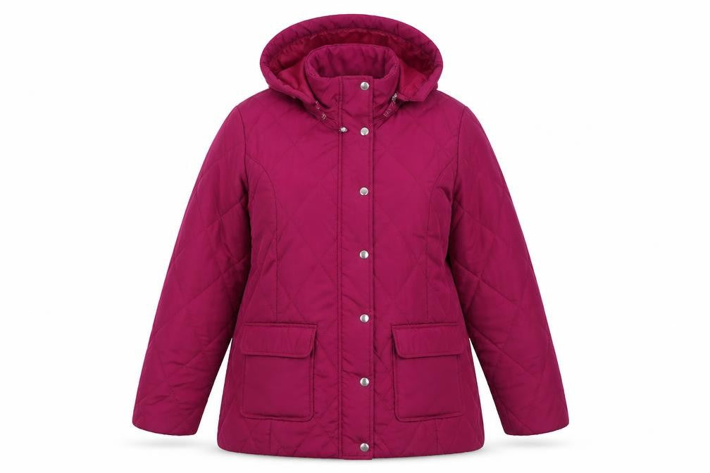 Front view of Damart women’s purple quilted jacket, size UK 10
