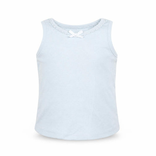 Front view of Next girls’ blue basic tank, size 6-9, months