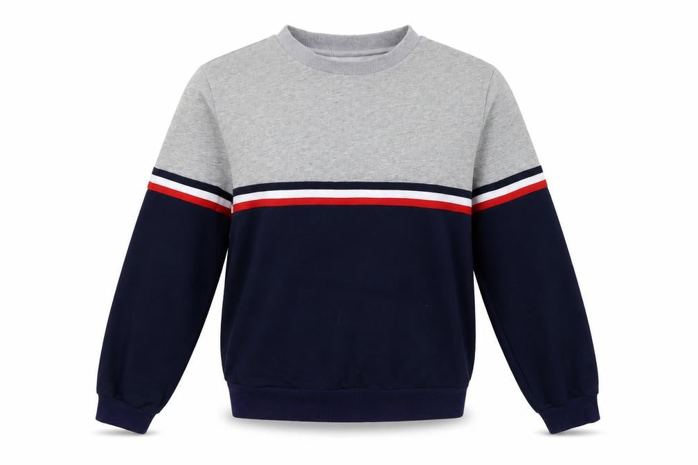 Front view of women’s grey striped pullover sweatshirt, size L