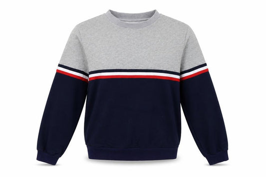 Front view of women’s grey striped pullover sweatshirt, size L