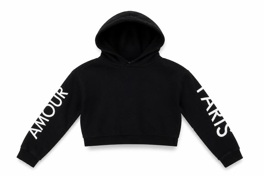 Front view of Miss Evie girls’ black pullover hoodie, size 10, years
