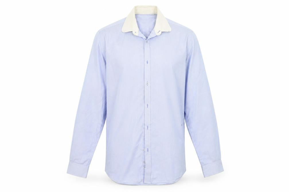 Front view of Taylor & Wright men’s blue striped button-up, size 16